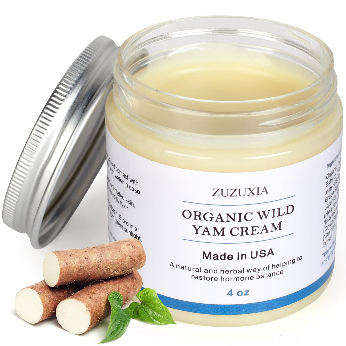 Zuzuxia Wild Yam Cream bottle highlights unscented balance for daily skin support.
