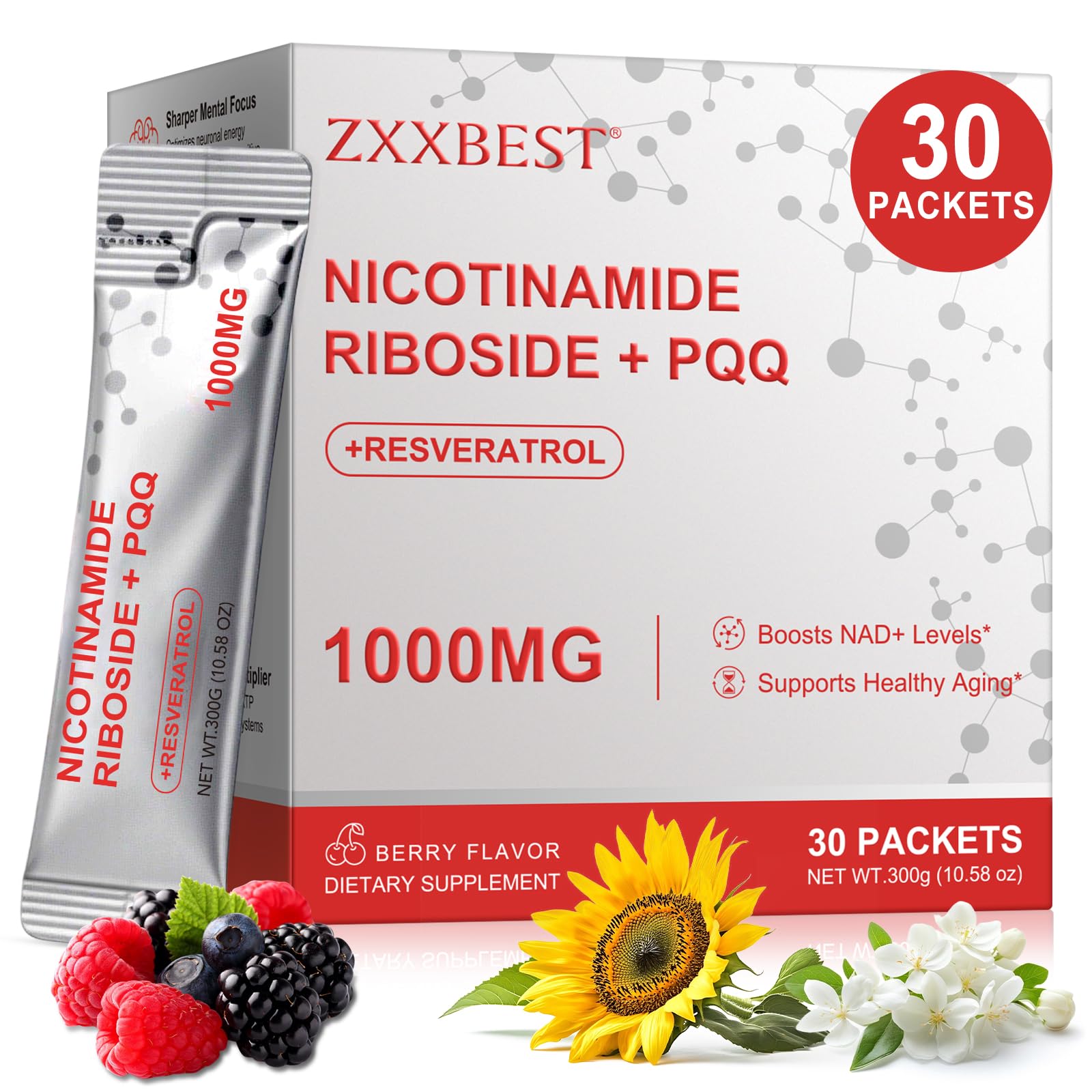 ZXXBEST NAD liquid bottle showing a 1000mg dose for energy and aging support