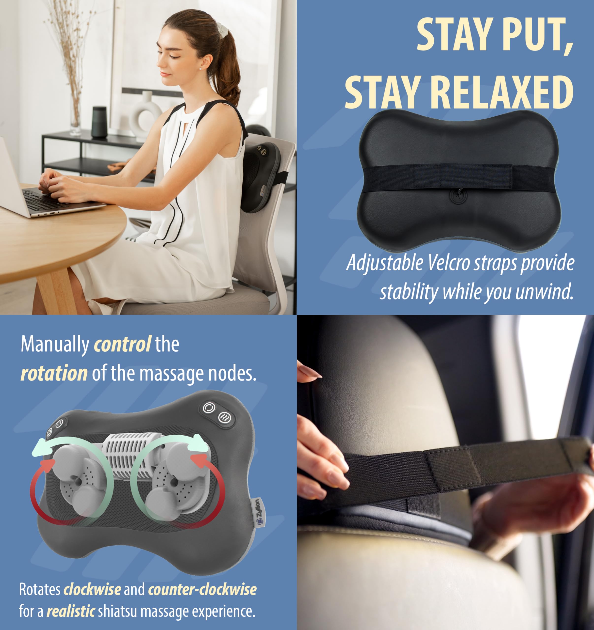 Zyllion ergonomic massage pillow supports the body for versatile relief