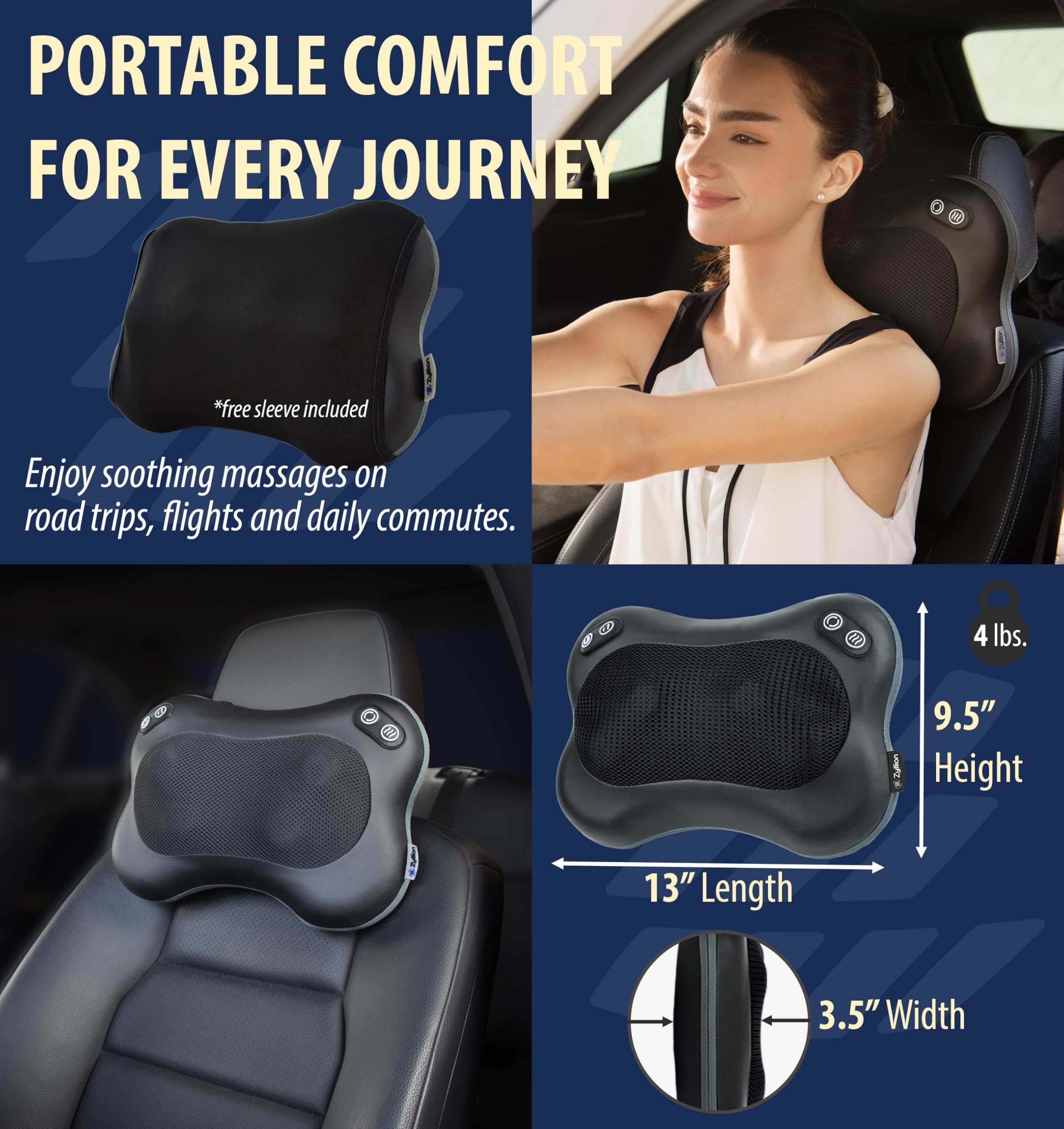 Zyllion Velcro strap attachment secures massager to chair or car headrest.