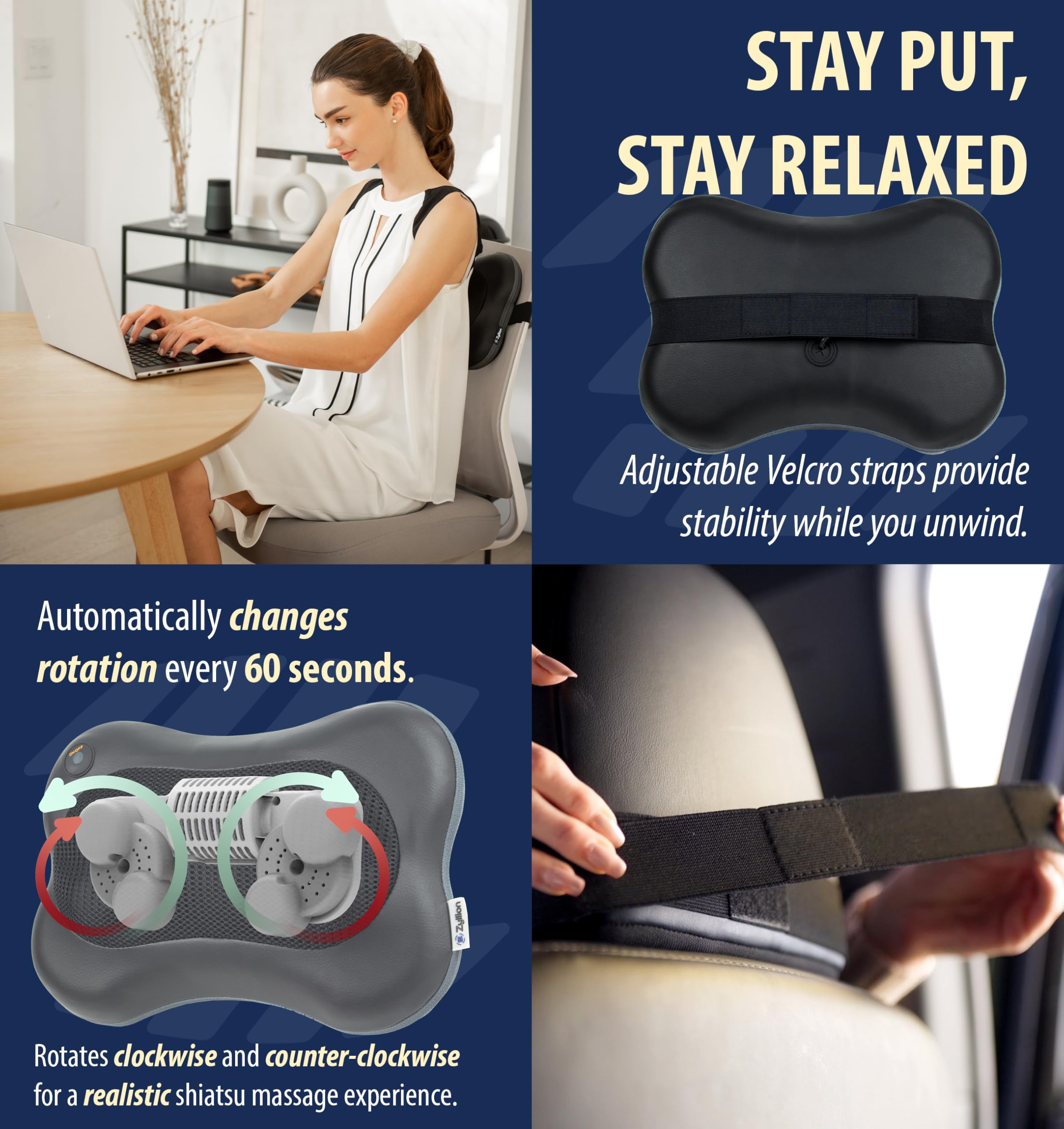 Zyllion ZMA-13RB adjustable strap secures to a chair for hands-free massage