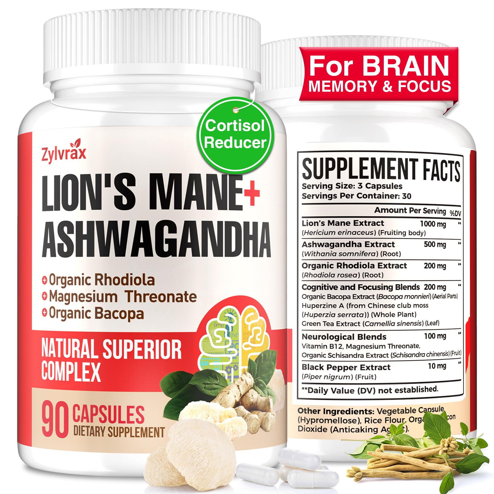Zylvrax Ashwagandha Lions Mane capsules on white background for daily focus