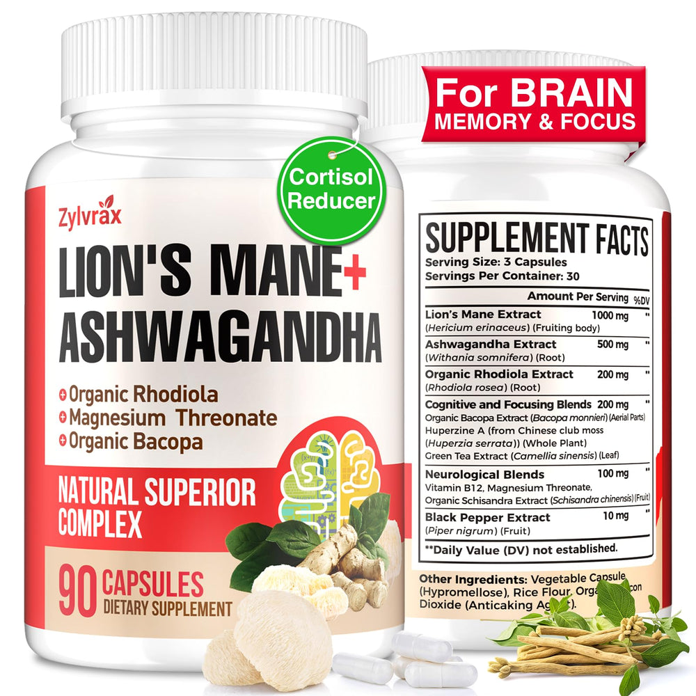 Zylvrax Ashwagandha Lions Mane capsules on white background for daily focus