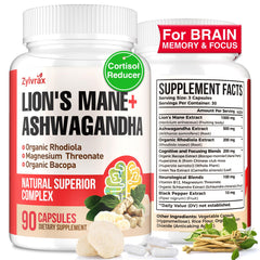 Zylvrax Ashwagandha Lions Mane capsules on white background for daily focus