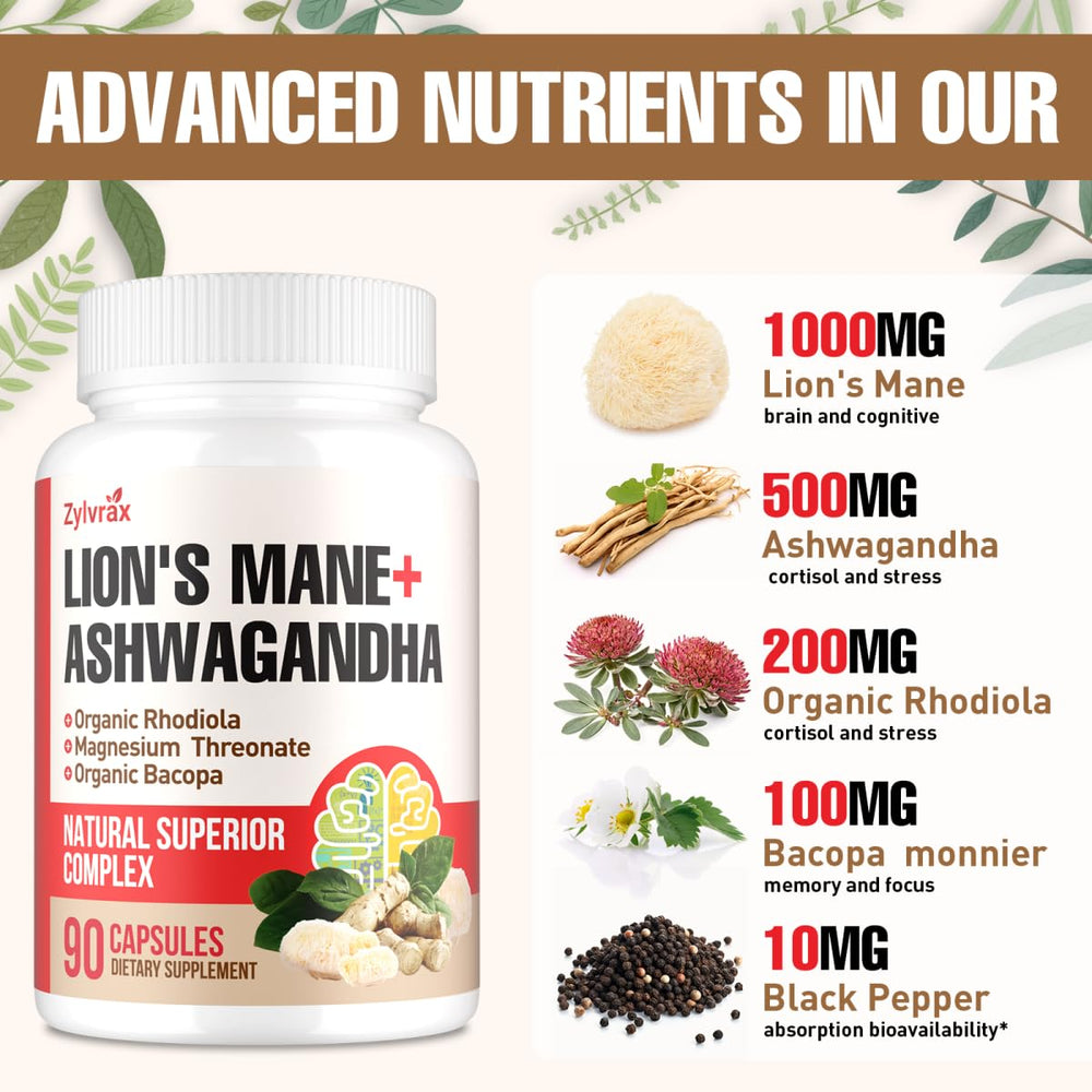 Zylvrax forest herbs with Ashwagandha and Lions Mane imagery