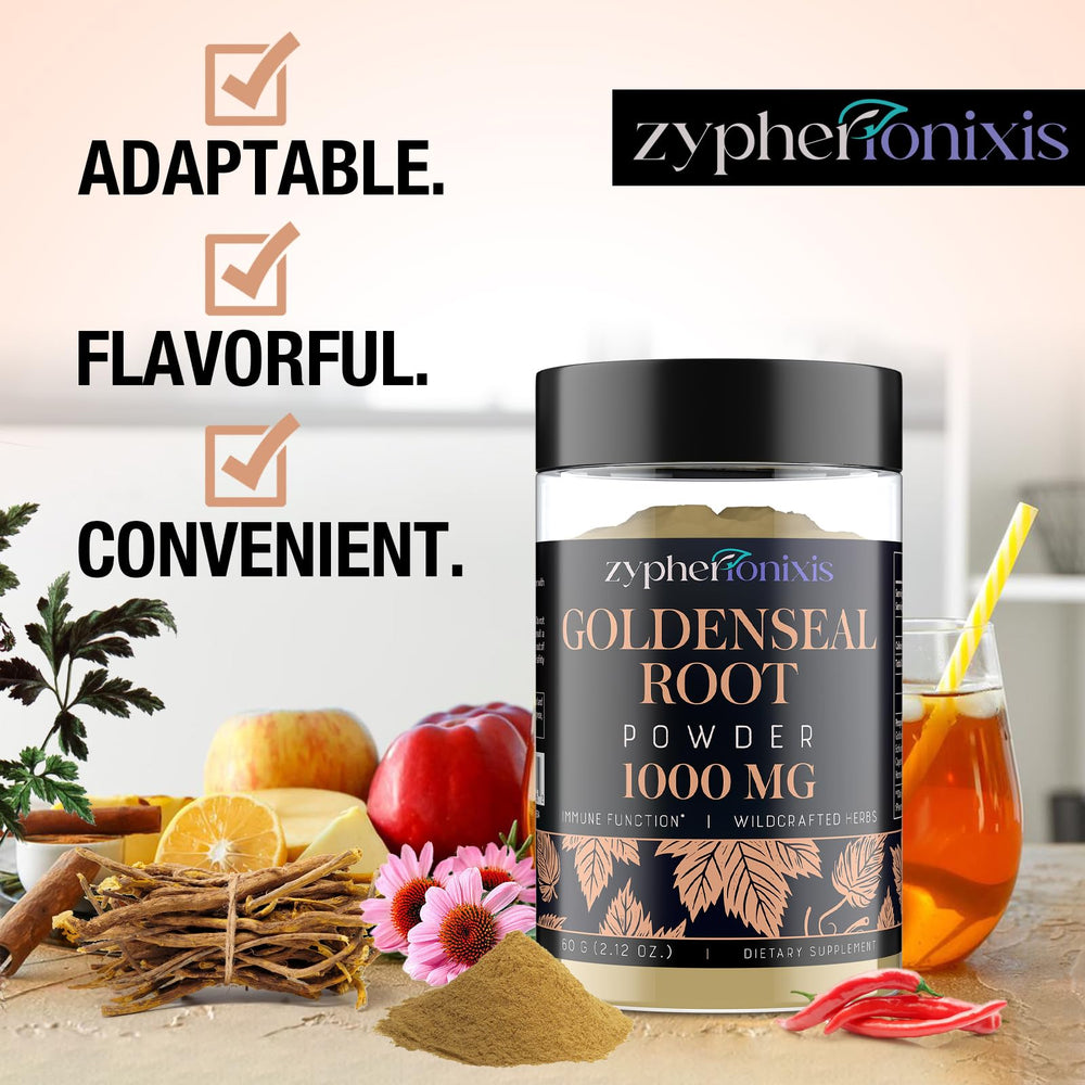 Zypherionixis goldenseal powder with scoop demonstrates mess-free daily dosing