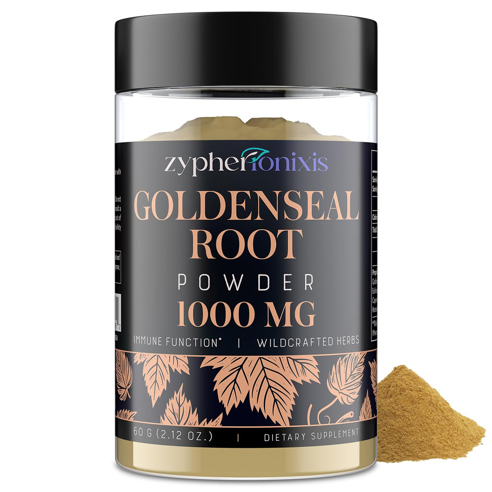 Zypherionixis goldenseal root powder bottle showing premium gluten free blend for daily wellness