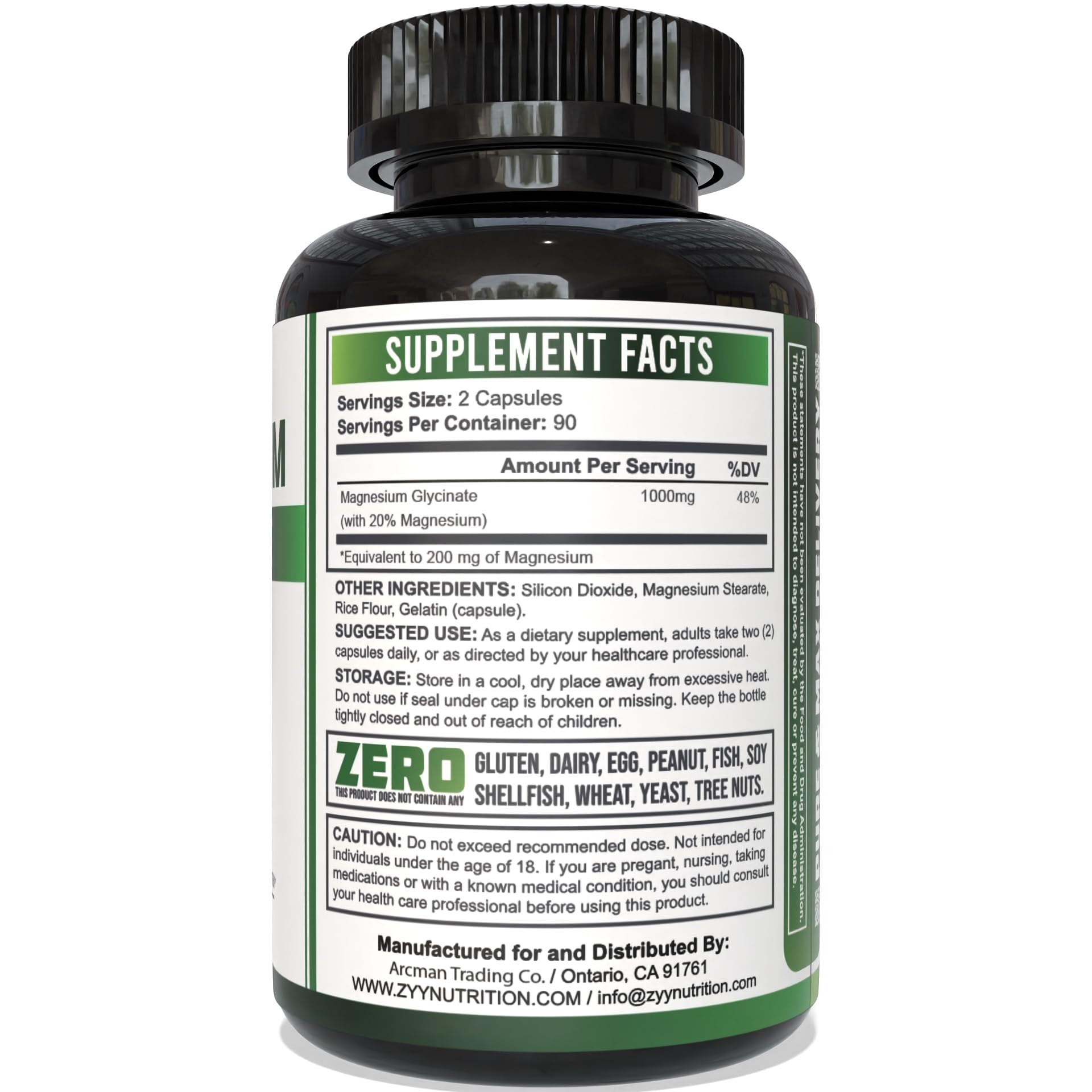 ZYY bottle back displays capsules-per-serving and testing details for purity.