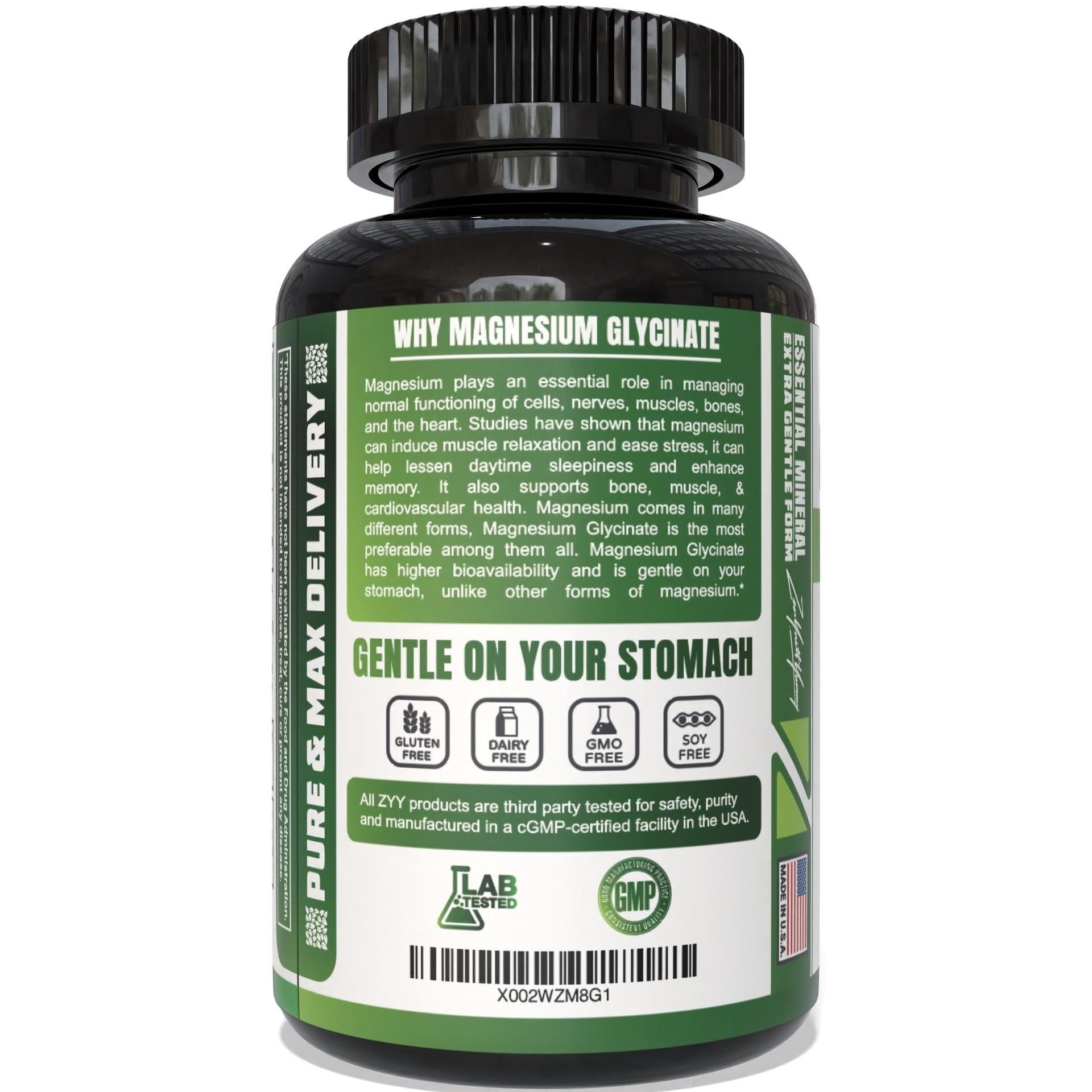 ZYY Pure Magnesium Glycinate capsules image illustrates easy-to-swallow supplement.